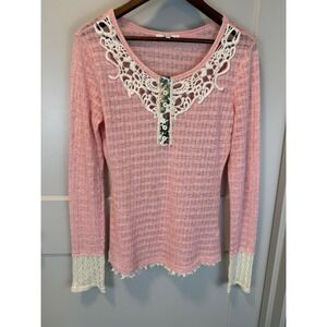 Miss Me Vintage Y2K Pink Crochet Long Sheet T-Shirt Henley Tunic Size M